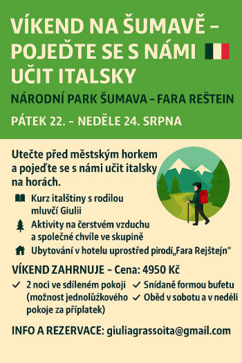 Přečtete si více ze článku VÍKEND S ITALŠTINOU NA ŠUMAVĚ 22.8 – 24.8